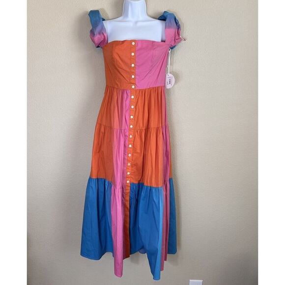Staud Elio Dress in Hibiscus Multicolor Off The Shoulder Tiered Dress Size 2 NWT - Picture 2 of 9